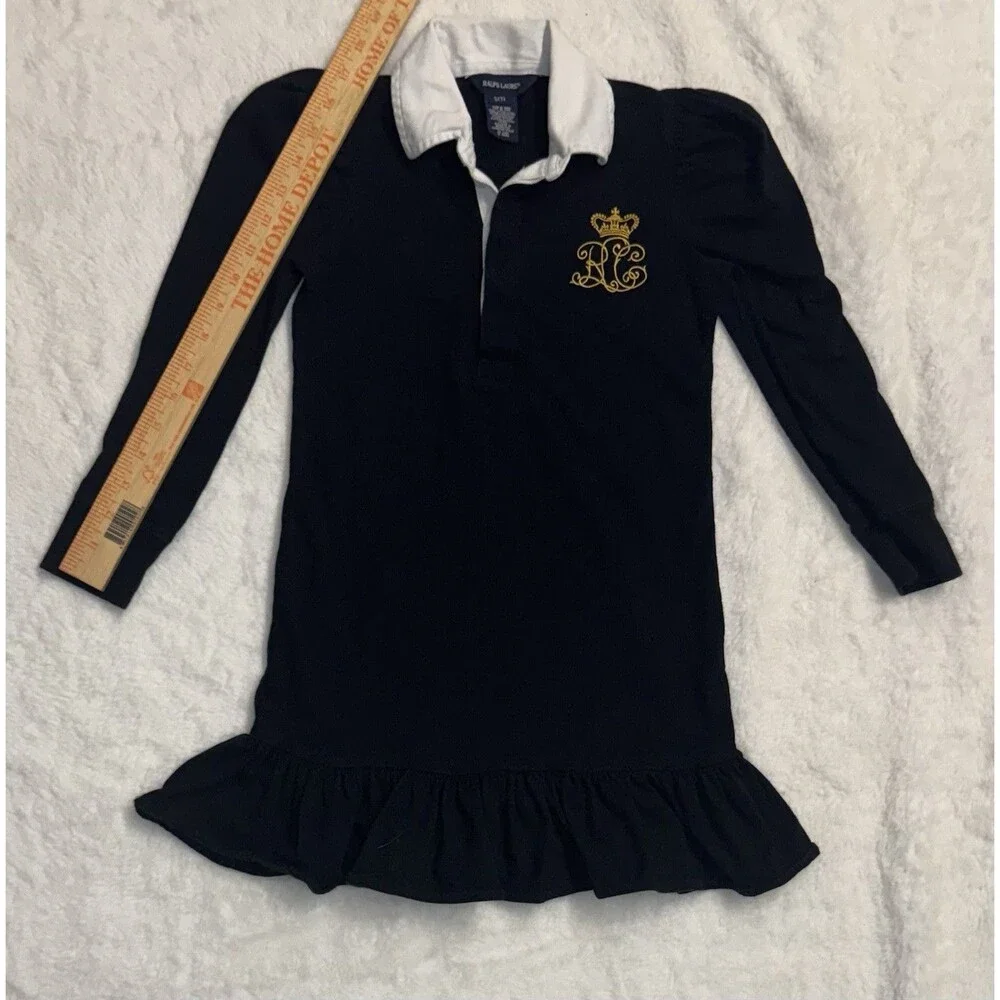 Ralph Lauren Vintage Black Monogrammed Long Sleeve Polo Ruffle Dress Size 7